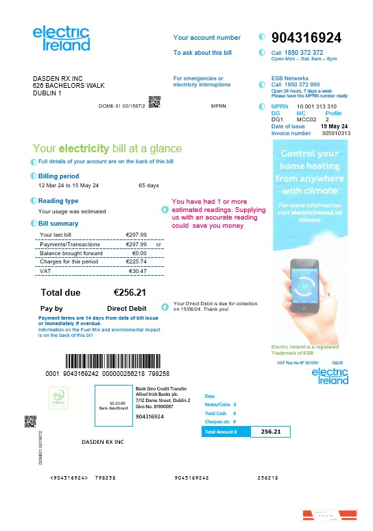 Ireland Electric Ireland business utility bill template in Word and PDF formats